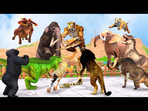 Dinosaurs vs Animals vs Saber Tooth Tiger Speed Race Zigzag Course Animal Revolt Battle Simulator