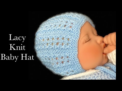 Lacy Knit Stitch Baby Bonnet Hat 0-6 months, Lacy knit stitch pattern hat or cap, Knitting for Baby