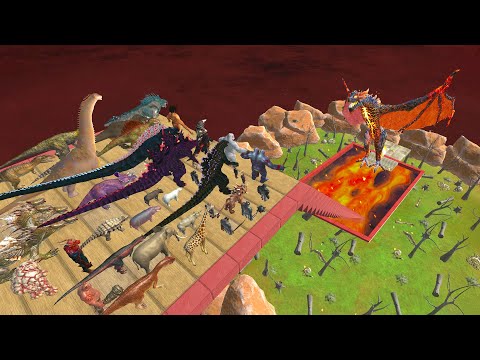 All Units Stairs Jumps Down into Lava Pool With Lava Dragon #2 - Animal Revolt Battle Simulator