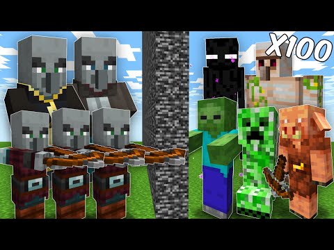 SquareEyes - Illager Raid vs 100 Vanilla Mobs (Minecraft Mob Battle)