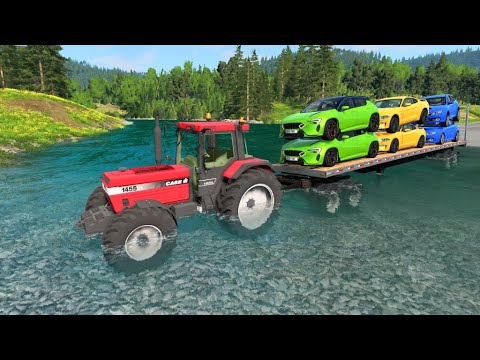 Flatbed Trailer Tractor Truck Car Rescue Transportation -Cars vs Deep Water Speed Bumps and Pothole