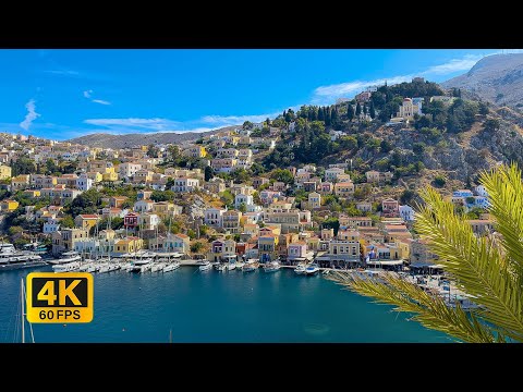 4K coastal town Symi, on an island north of Rhodes in Greece window view - Relaxing, Calm, Ambience