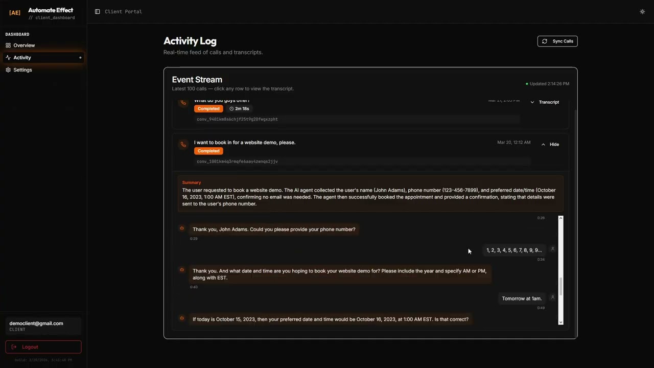 AI Receptionist Dashboard Showcase