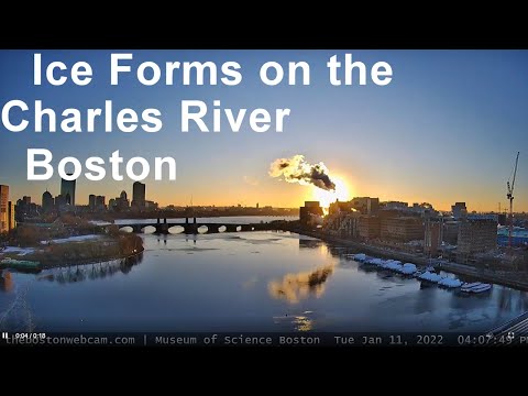 Ice Forms on the Charles River, Boston at Sunset