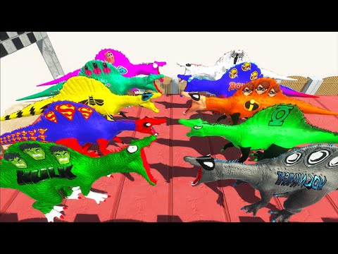 ALL SUPERHEROES DC MARVEL SPINOSAURUS CLIMBING CHALLENGE - Animal Revolt Battle Simulator