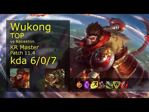 Wukong Top vs Renekton - KR Master 6/0/7 Patch 11.4 Gameplay // [롤] 오공 vs 레넥톤 탑
