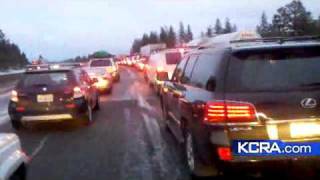 Traffic Stopped On Snowy Freeway