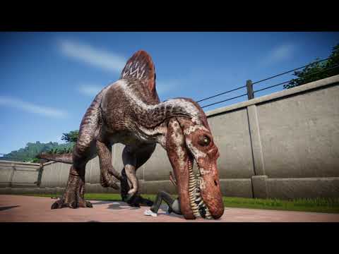Jurassic World Evolution: Spinosaurus human attack in slow motion