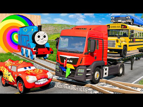 Flatbed Trailer Truck Rescue Bus - Cars vs Deep Water - Cars vs Rails and Trains - BeamNG Drive #003