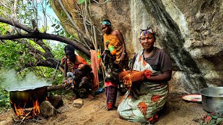 Unseen Traditional life of Hadzabe living in the  wilderness cooking special meal for breakfast