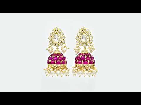 Jhumka, Ruby Earrings, White Moissanite Earrings, 925 Sterling Silver Jhumka Earrings