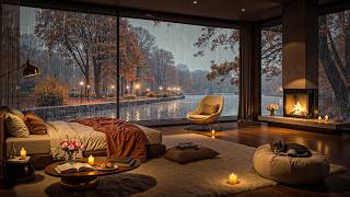 Rainy Autumn Lake House 🍂☕ Smooth Jazz & Cozy Fireplace Ambience for Study, Relaxation & Sleep