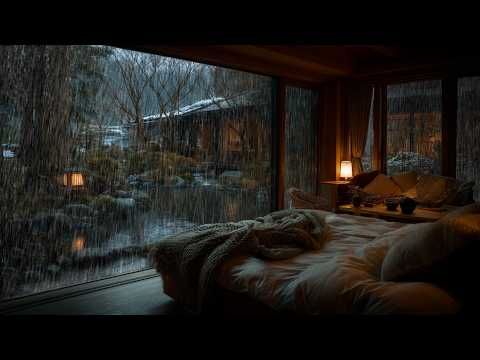 Midnight Heavy Rain in Zen Garden Bedroom with Pond 🌧️ Rain on Window for Deep Sleep & Meditation