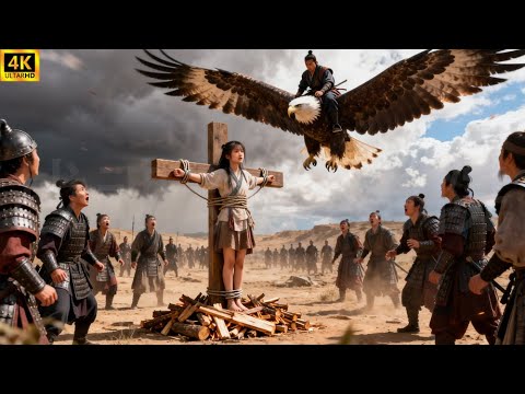 Just as the girl is about to be burned at the stake, the Condor Hero drops from the sky to save her!