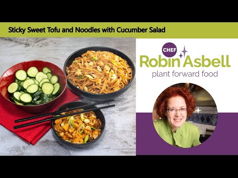 Sticky Sweet Tofu and Noodles with Cucumber Salad