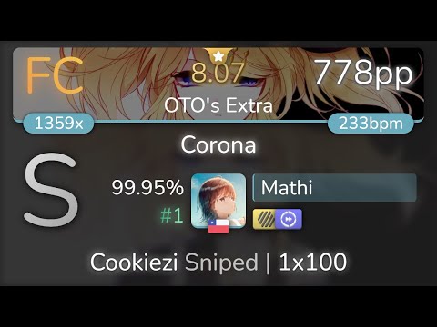 Mathi | Utsu-P - Corona [OTO's Extra] +HDDT 99.95% {#1 778pp FC} - osu!