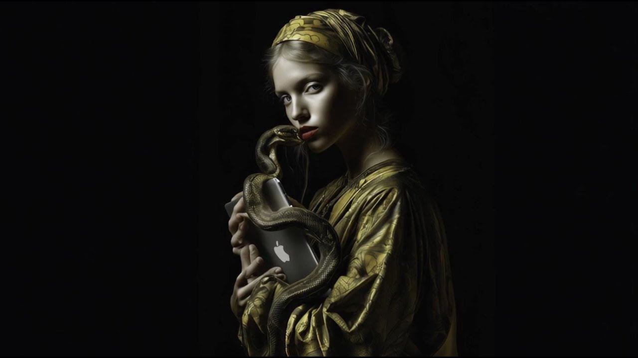 Gilded Eve: Apple & Laptop in Velvet Portrait Glow