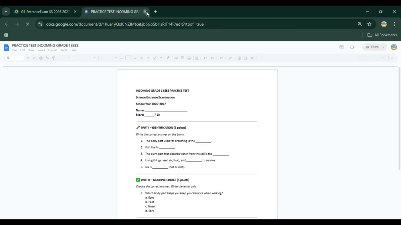 GRADE 1 SSES ENTRANCE EXAM SY 2026 2026