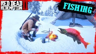 RDR2 Fishing in the mountains catching big SALMON and Cooking Gameplay