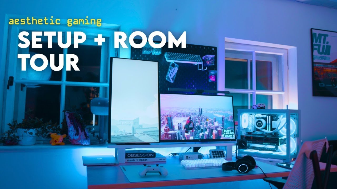☁️ aesthetic dual monitor gaming setup + room tour | cozy and chill 