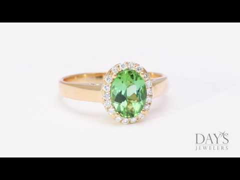 Green Tourmaline Ring in 18kt Yellow Gold with Diamond Halo (1/7ct tw)