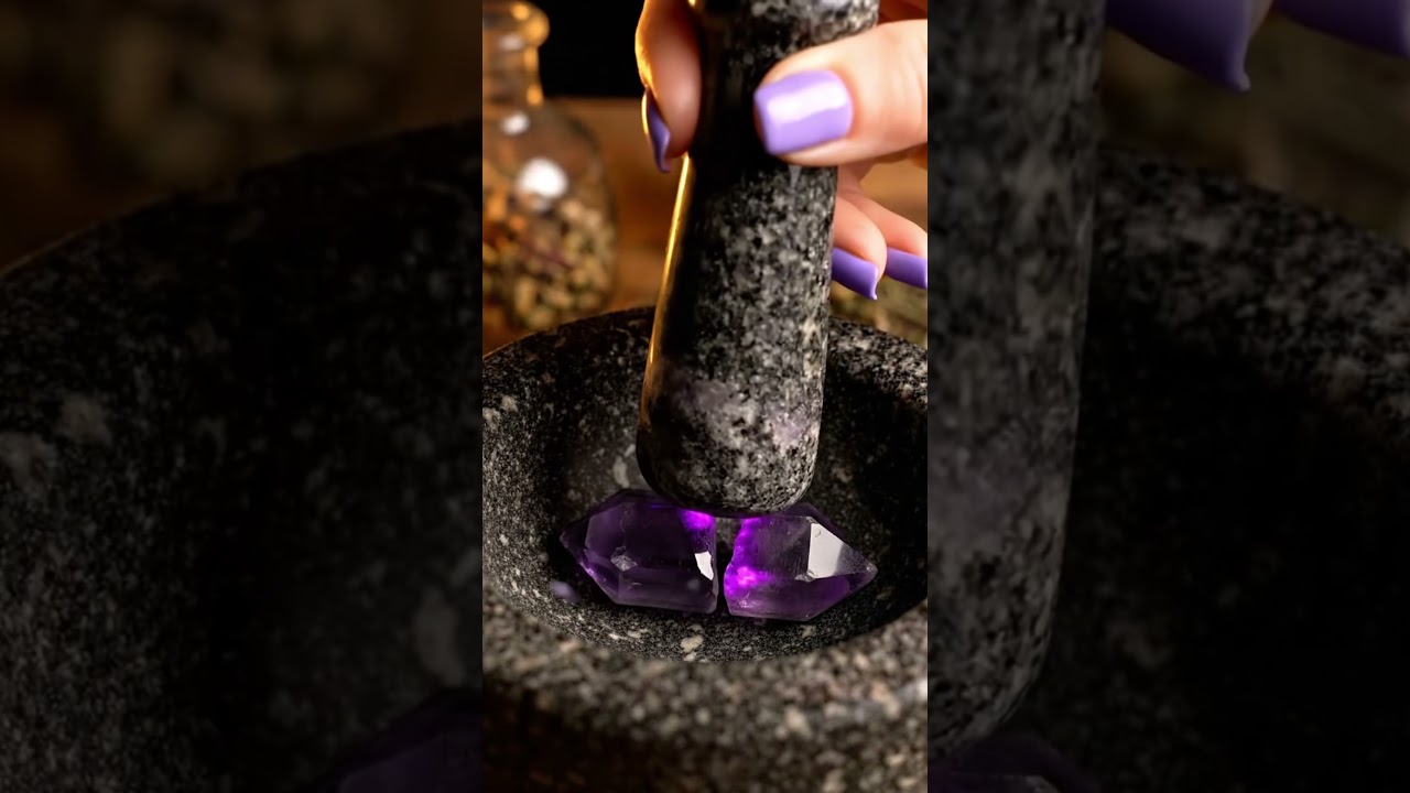 💜 Amethyst ASMR 4K | Crushing Double Terminated Crystal Gems with Steel Pestle | Oddly Satisfying