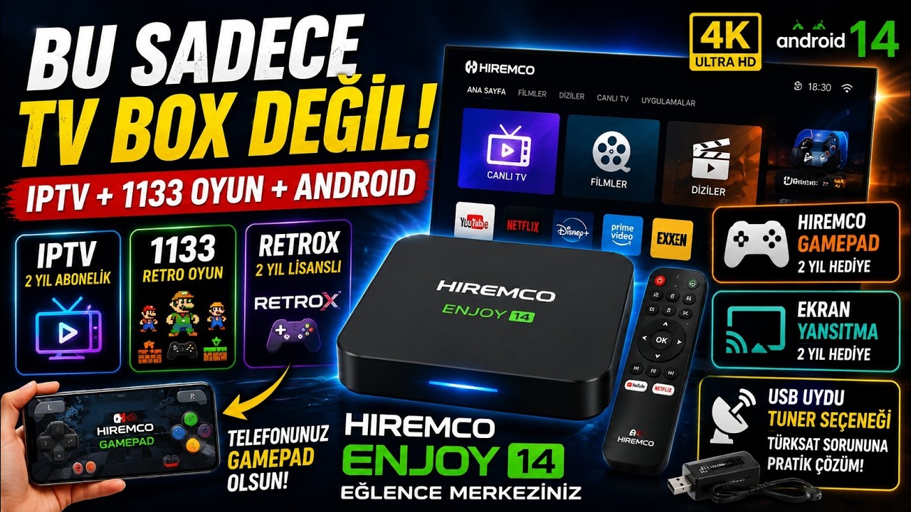 Fiyat/Performans Kralı ANDROID TV BOX! Hiremco Enjoy 14 (2 Yıl IPTV, 1133 Oyun+Sanal Gamepad Hediye)