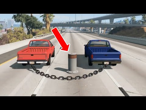 Chained Cars vs Bollards || BeamNG.Drive 🚖🚘
