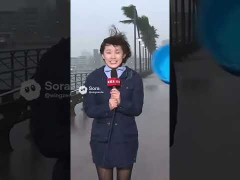 ミニスカ女子アナの中継中に台風でバケツが顔面直撃