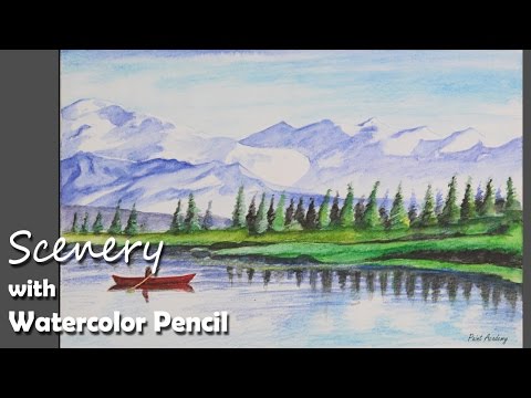 Mountains and Pine Tress Watercolor Pencil Landscape Drawing | steps to follow