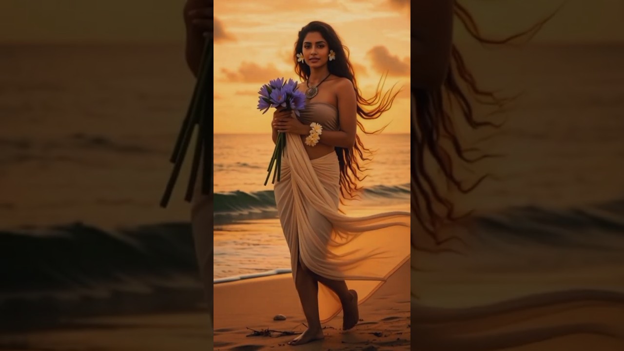 Ancient Sri Lankan Beauty: Sunset Goddess on the Beach (AI Generated Cinematic Art)
