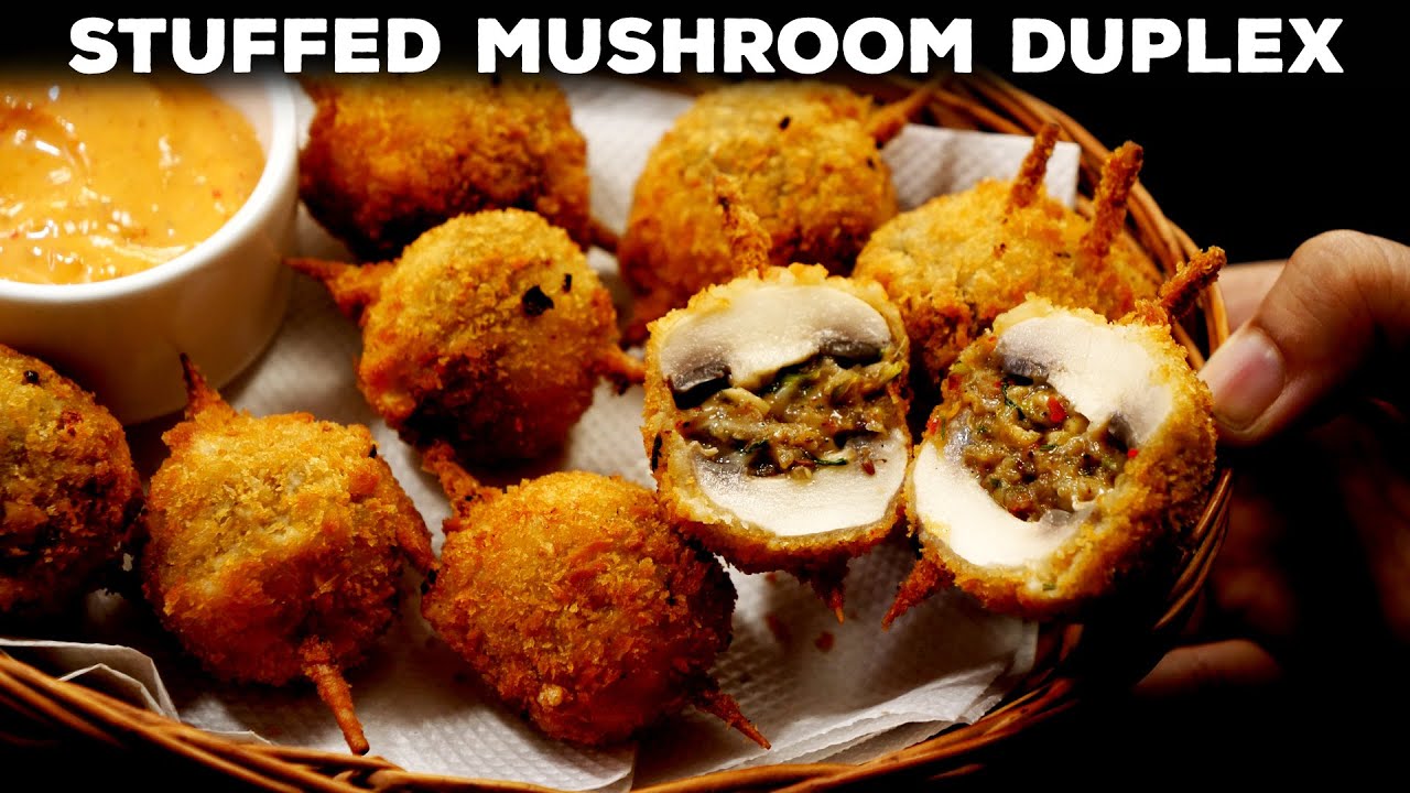 Mushroom Duplex Recipe - Juicy & Crunchy Cafe Style Stuffed Mushrooms Starter - CookingShooking