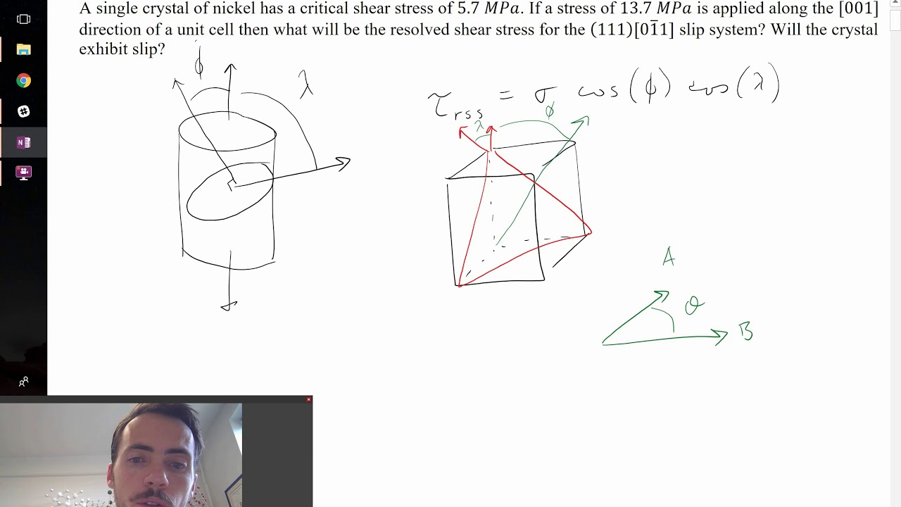 Slip in single crystals due to resolved shear stress (Schmid's Law) example problem