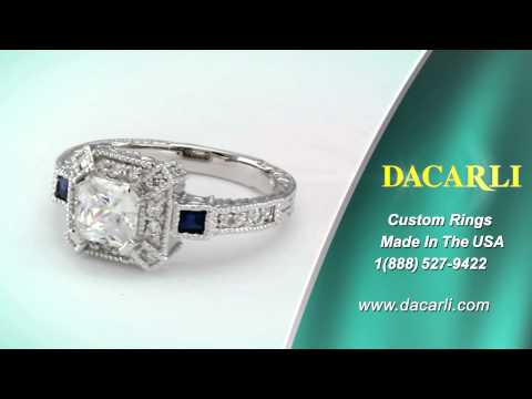 Art Deco Ring Diamond Engagement Ring 3/4 Carat Princess Cut Diamond & Sapphires