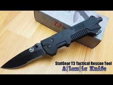 StatGear T3 Tactical Auto Rescue Tool w/ LED Light Black Folding Knife 01