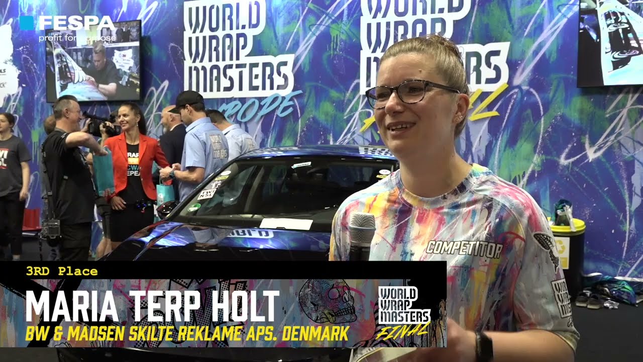 We interview Maria Terp Holt from BW & Madsen Skilte Reklame ApS from Denmark came in third place during the World Wrap Masters Final 2022 competition at FESPA Global Print Expo 2022 in Berlin. We ask Maria her thoughts on the competition, her experience as a car wrapper and what she loves about the World Wrap Masters competitions!