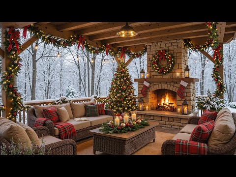 Cozy Winter Ambience with Relaxing Christmas Music 🎄 Crackling Fireplace & Snow for Relaxation