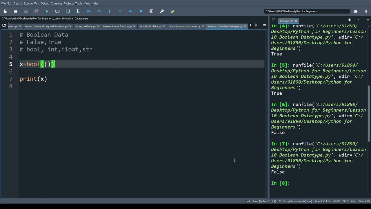 lesson 10 : Boolean datatype in python | Explain working of bool datatype in python | python