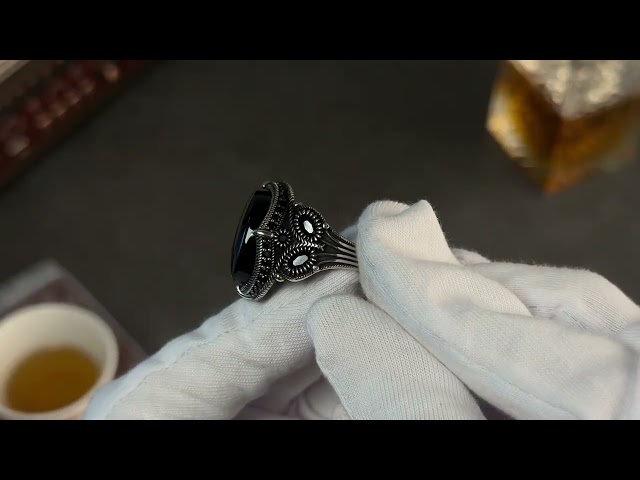 خاتم رجالي فضة استرليني مزين بحجر أونكس أسود