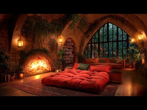 Nighttime Thunderstorm Haven: Ancient Castle Room Ambience with Fireplace and Rain Sounds