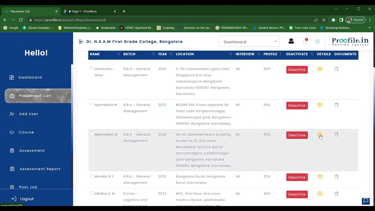 Student Details in College Dashboard