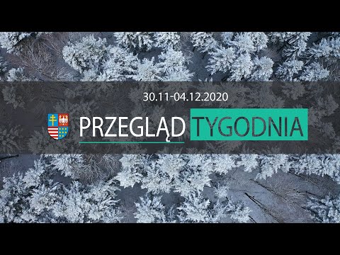 Plansza z napisem Przegląd tygodnia od 30 listopada do 4 grudnia 2020 roku. W tle śnieżony las- widok z lotu ptaka. 