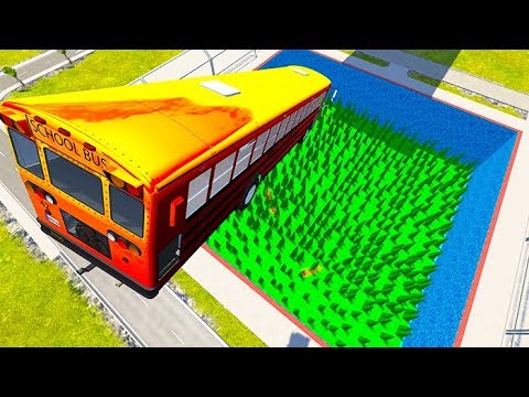 BeamNG drive - Cars Jumping Into Pool with Green Spikes