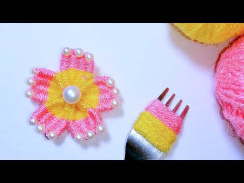Superb Woolen Flower Making Trick Using Fork- Hand Embroidery Design-DIY Woolen Craft Idea
