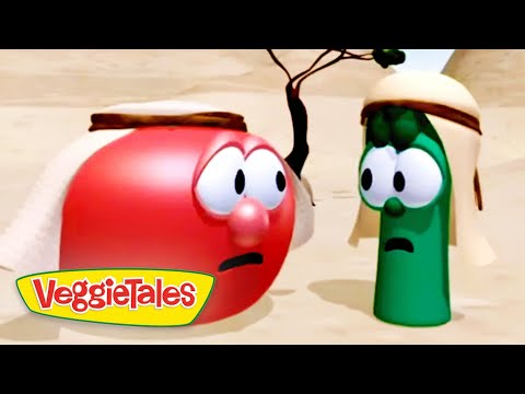 Red tomato and green cucumber VeggieTales characters in a desert, looking worried; VeggieTales logo bottom left.