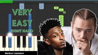 Post Malone - Rockstar ft. 21 Savage - Right Hand Slow Easy Piano Tutorial - Notes