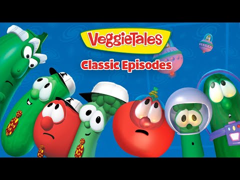 VeggieTales Classic Episodes promotional image with surprised-looking vegetables against a blue background.