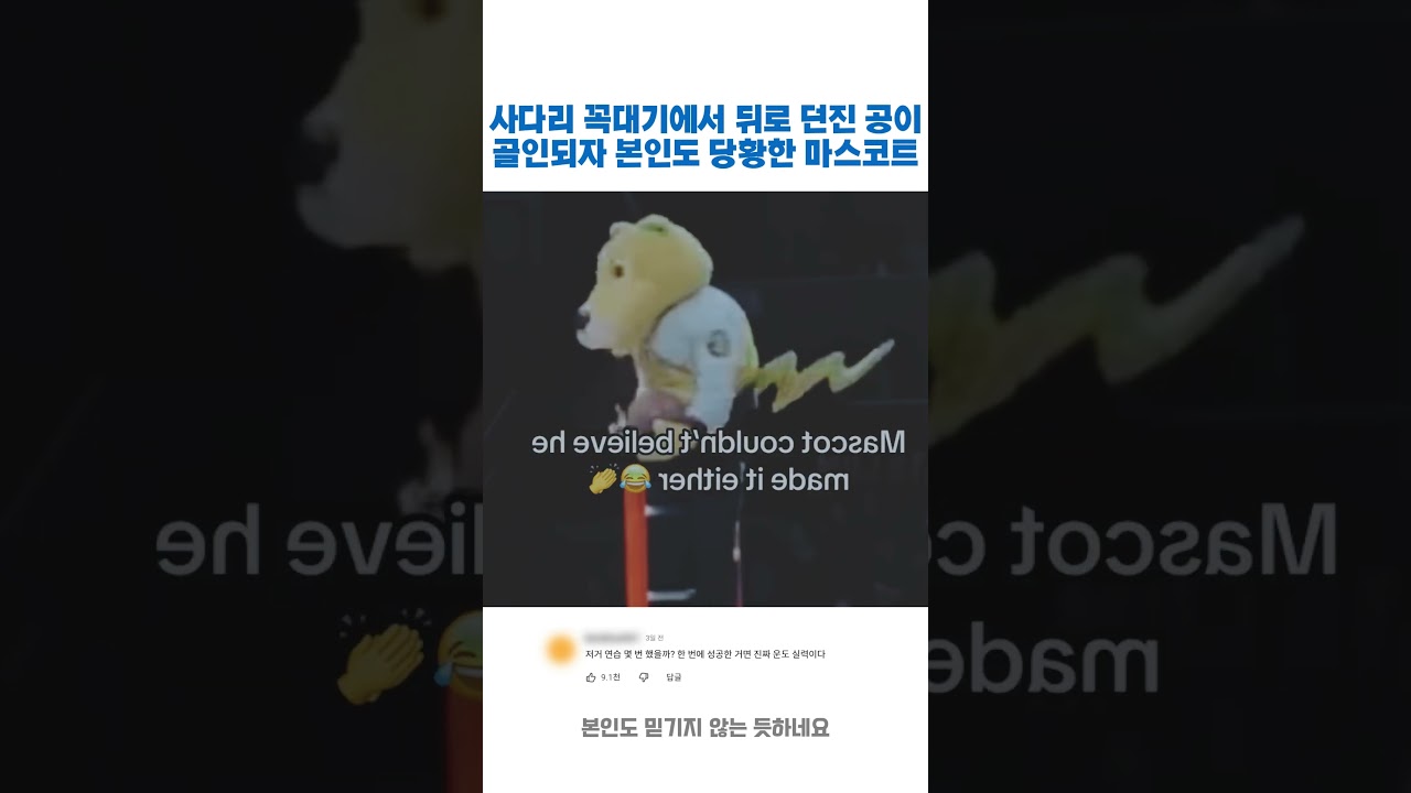 사다리 꼭대기에서 뒤로 던진 공이 골인되자 본인도 당황한 마스코트
