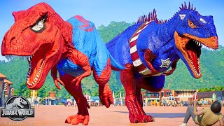 SPIDER-MAN REX vs. CAPTAIN AMERICA GIGANATAURUS The Biggest Park War in Jurassic World Evolution