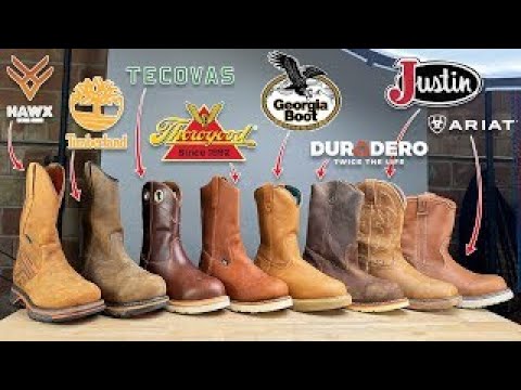 ($1,774) Ultimate Pull On Work boots showdown CUT IN HALF - Thorogood, Georgia, Ariat, Timberland
